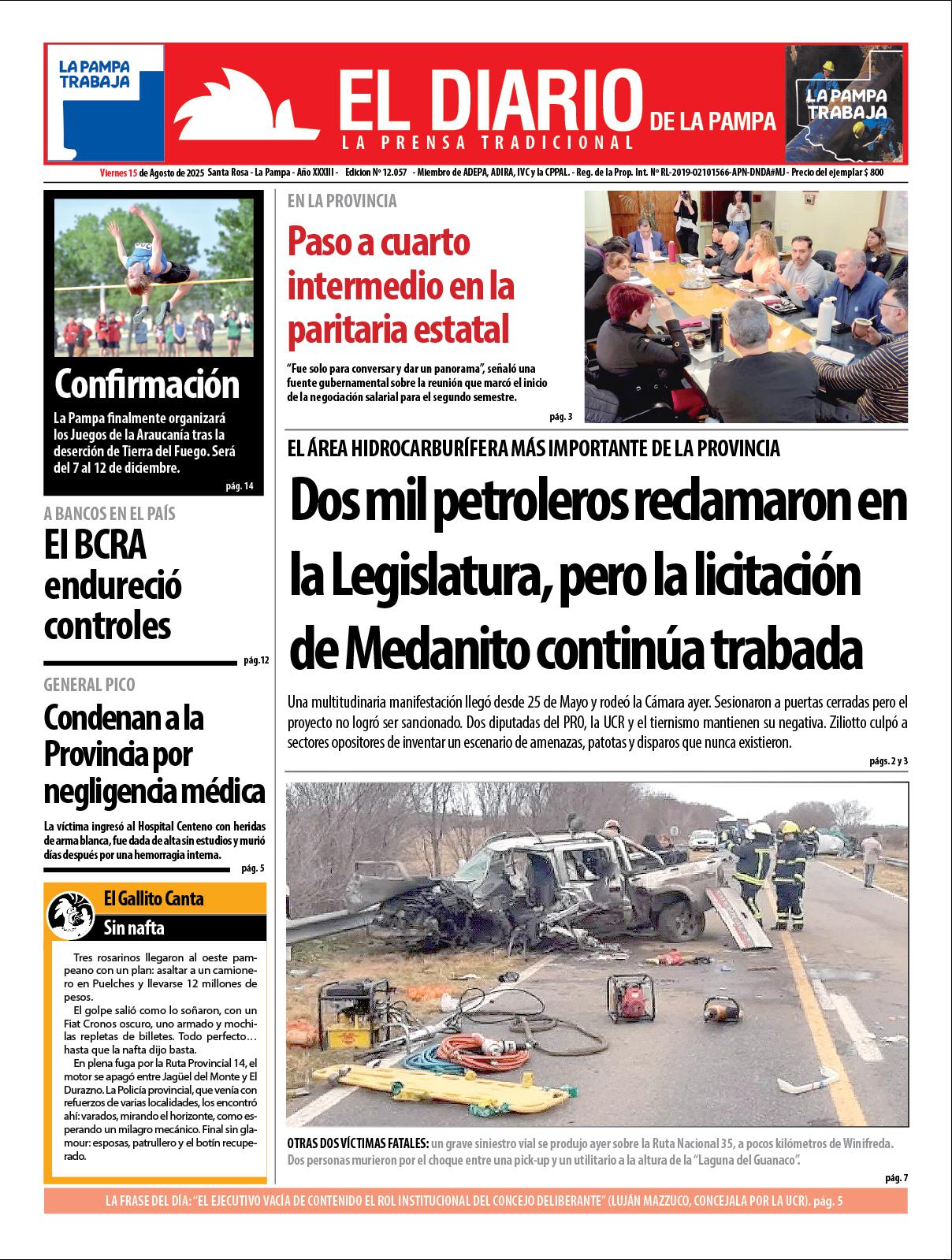Tapa de El Diario en papel  viernes 15 de agosto de 2025